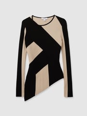 Reiss Black/Camel Judy Knitted Colourblock Asymmetric Top - Image 2 of 6
