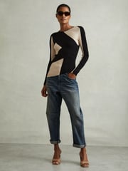 Reiss Black/Camel Judy Knitted Colourblock Asymmetric Top - Image 3 of 6