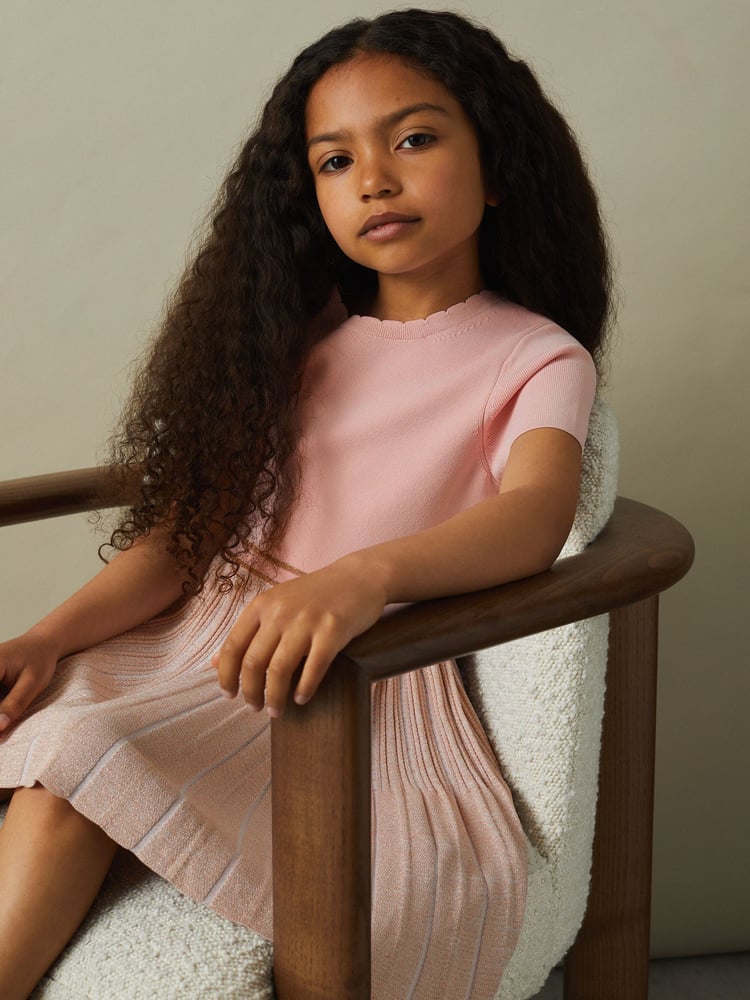 Reiss Pink Zoe 9-13 yrs Metallic Pleated Knitted Dress - Image 1 of 4