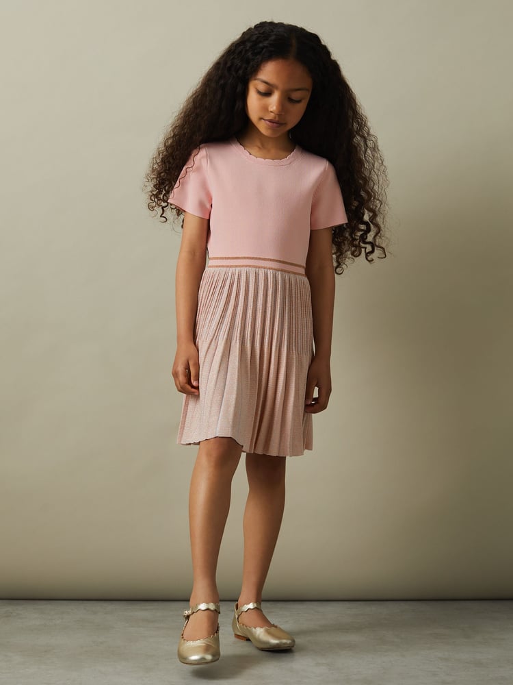 Reiss Pink Zoe 4-9 yrs Metallic Pleated Knitted Dress - Image 1 of 4