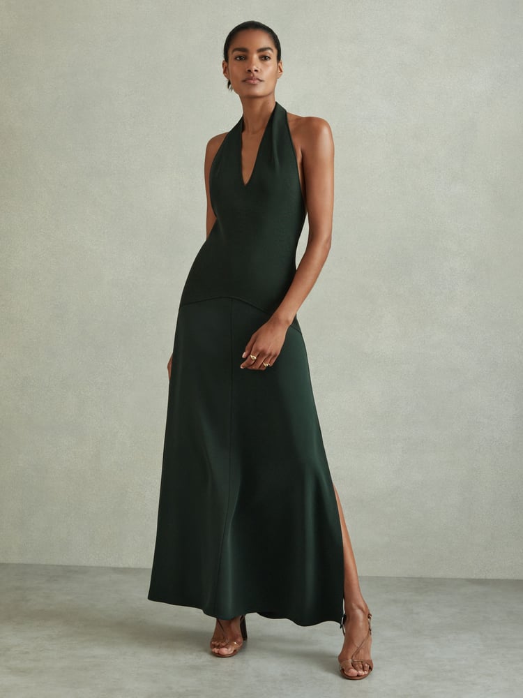 Reiss Green Rene Hybrid Knit Midi Dress - Image 1 of 5