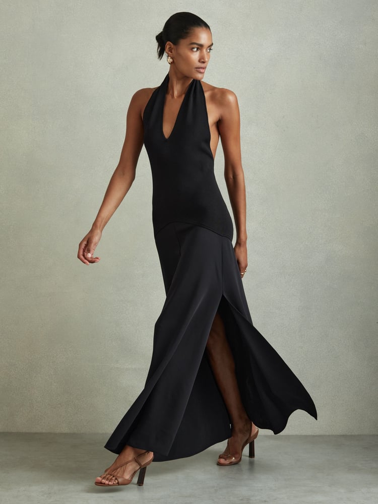 Reiss Navy Rene Hybrid Knit Midi Dress - Image 1 of 6