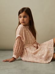 Reiss Pink Allie 9-13 yrs Metallic Jacquard Print Puff Sleeve Dress - Image 1 of 5