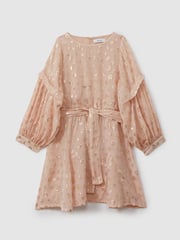 Reiss Pink Allie 9-13 yrs Metallic Jacquard Print Puff Sleeve Dress - Image 2 of 5