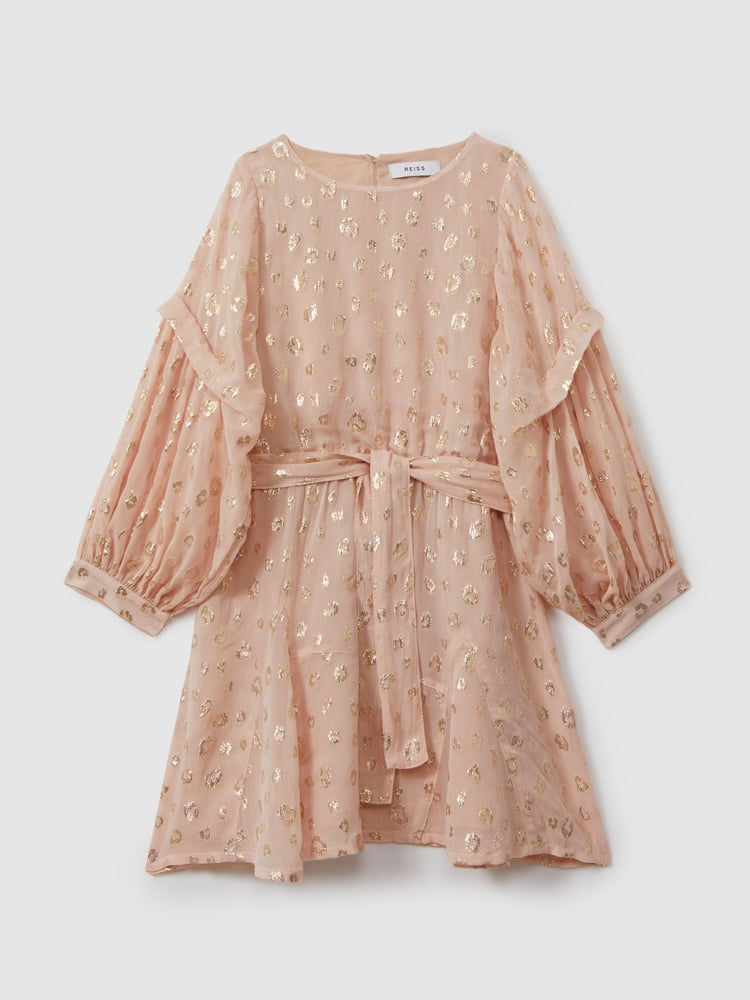 Reiss Pink Allie 9-13 yrs Metallic Jacquard Print Puff Sleeve Dress - Image 2 of 5
