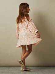 Reiss Pink Allie 9-13 yrs Metallic Jacquard Print Puff Sleeve Dress - Image 4 of 5