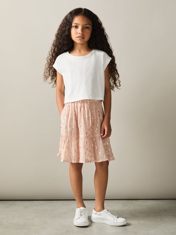 Reiss Pink Ellen 9-13 yrs Metallic Print Flounced Hem Skirt - Image 1 of 4