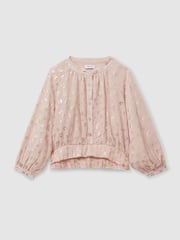 Reiss Pink Ellen 9-13 yrs Metallic Print Puff Sleeve Ruffle Top - Image 2 of 4