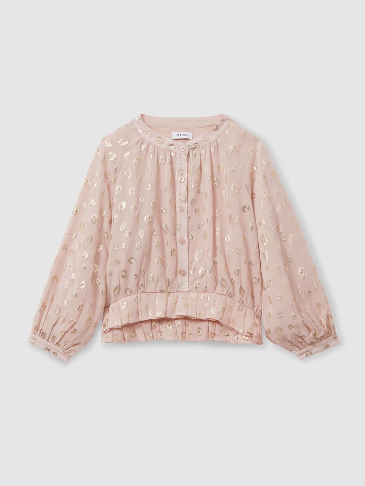 Reiss Pink Ellen 9-13 yrs Metallic Print Puff Sleeve Ruffle Top - Image 2 of 4