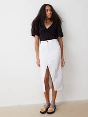 Oliver Bonas White Contrast Stitch 100% Cotton Midi Skirt - Image 1 of 9