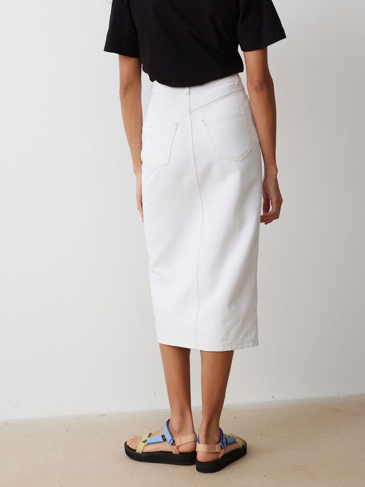 Oliver Bonas White Contrast Stitch 100% Cotton Midi Skirt - Image 2 of 9 Oliver Bonas White Contrast Stitch 100% Cotton Midi Skirt - Image 2 of 9