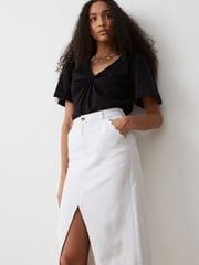 Oliver Bonas White Contrast Stitch 100% Cotton Midi Skirt - Image 3 of 9