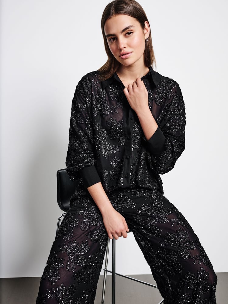 Black Sequin Embellished Sheer Shirt - Image 2 of 8