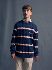 Navy Blue Stripe Mock Shirt Crew Neck Jumper (3-16yrs) - Image 1 of 5