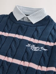 Navy Blue Stripe Mock Shirt Crew Neck Jumper (3-16yrs) - Image 5 of 5