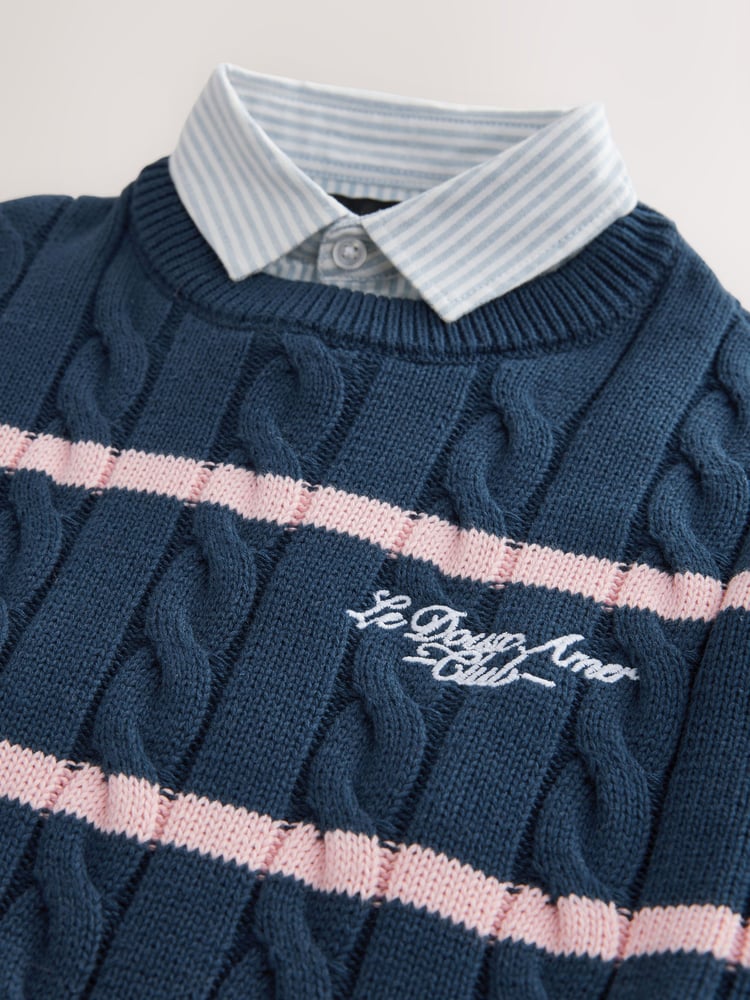 Navy Blue Stripe Mock Shirt Crew Neck Jumper (3-16yrs) - Image 5 of 5