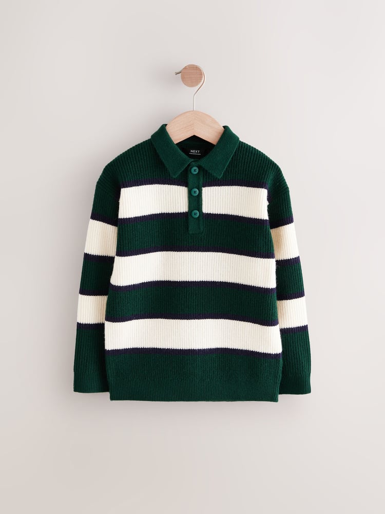 Green/Ecru Stripe Knitted Rugby Shirt (3-16yrs) - Image 1 of 4 Green/Ecru Stripe Knitted Rugby Shirt (3-16yrs) - Image 1 of 4