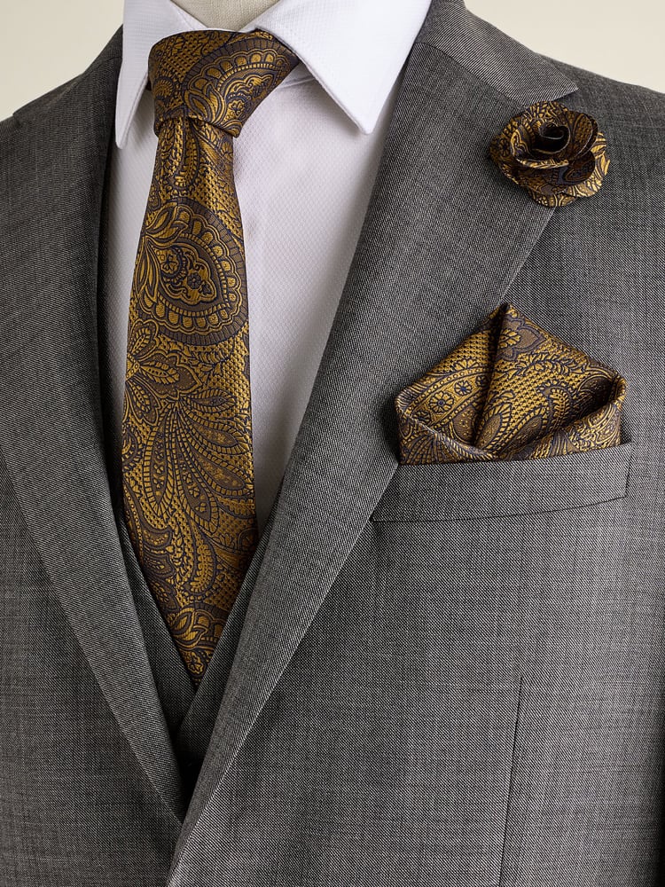 Ochre Yellow Textured Paisley Tie, Pocket Square And Pin Set - Image 1 of 6 Ochre Yellow Textured Paisley Tie, Pocket Square And Pin Set - Image 1 of 6