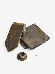 Ochre Yellow Textured Paisley Tie, Pocket Square And Pin Set - Image 2 of 6