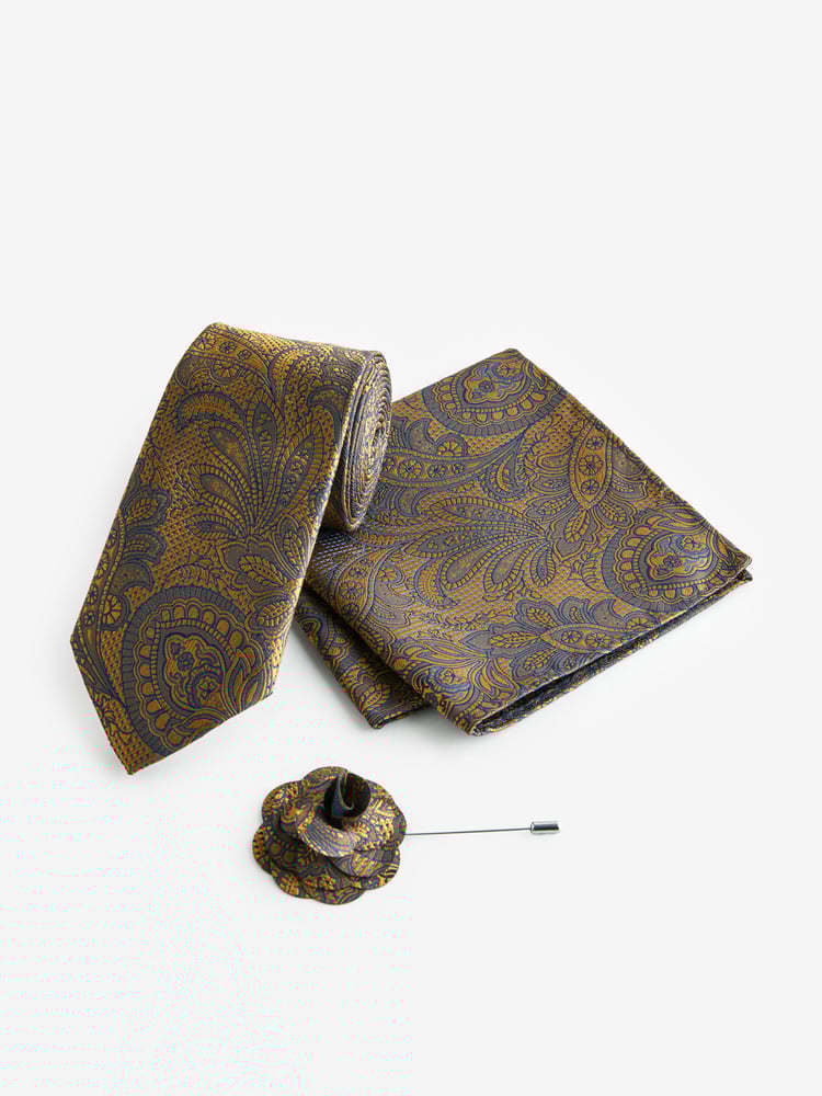 Ochre Yellow Textured Paisley Tie, Pocket Square And Pin Set - Image 2 of 6 Ochre Yellow Textured Paisley Tie, Pocket Square And Pin Set - Image 2 of 6