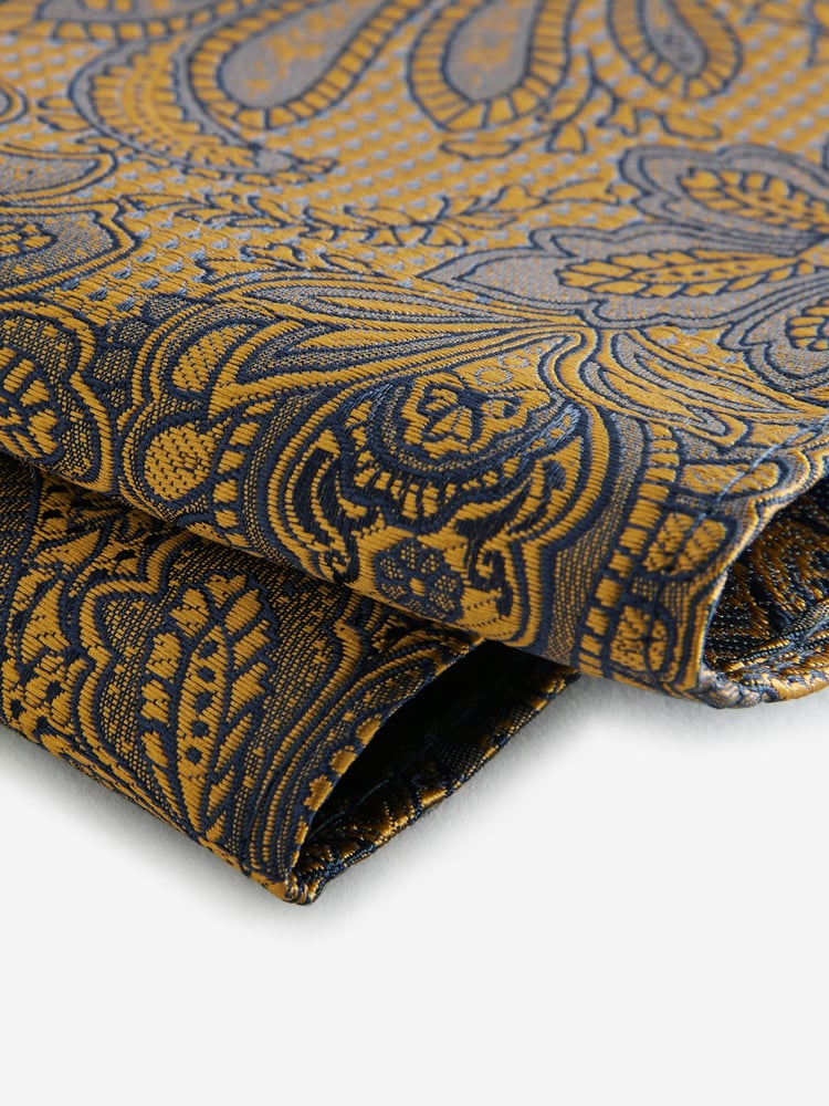 Ochre Yellow Textured Paisley Tie, Pocket Square And Pin Set - Image 6 of 6