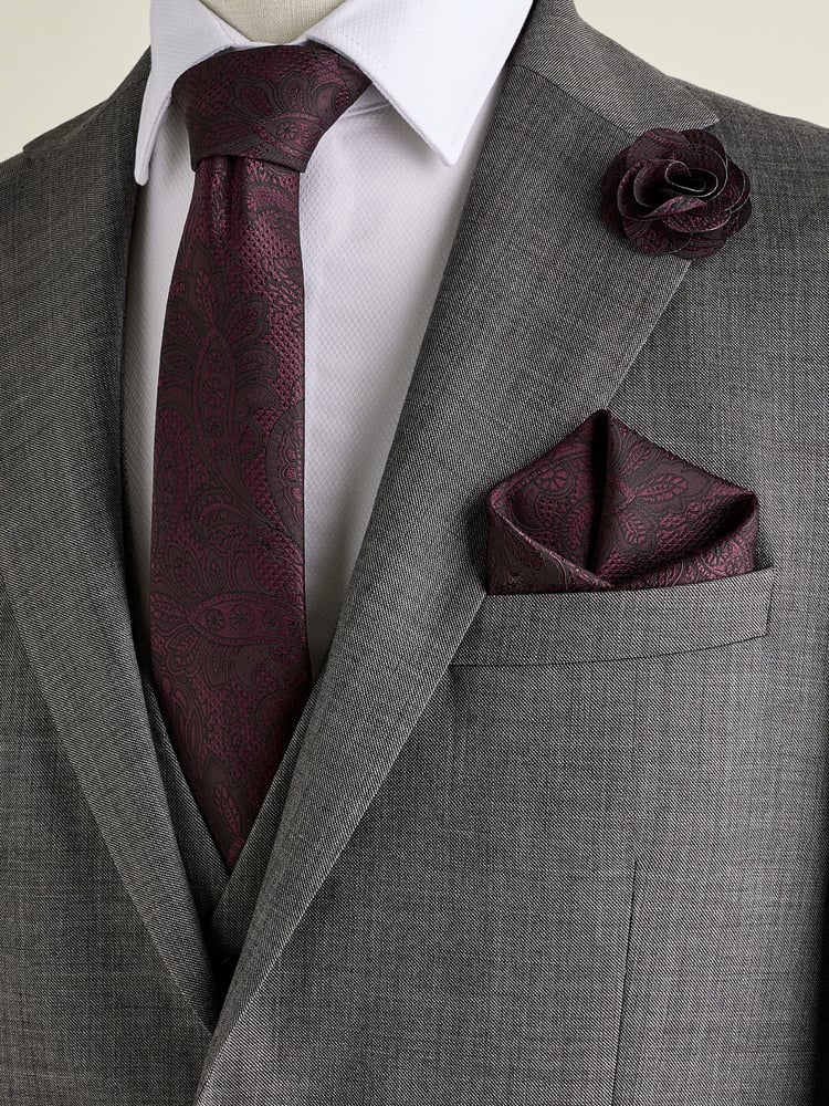 Burgundy Red Textured Paisley Tie, Pocket Square And Pin Set - Image 1 of 6