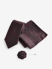 Burgundy Red Textured Paisley Tie, Pocket Square And Pin Set - Image 2 of 6