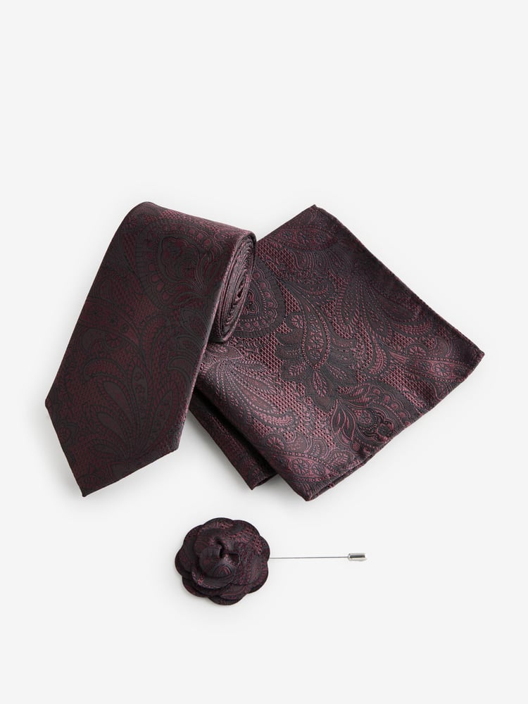 Burgundy Red Textured Paisley Tie, Pocket Square And Pin Set - Image 2 of 6