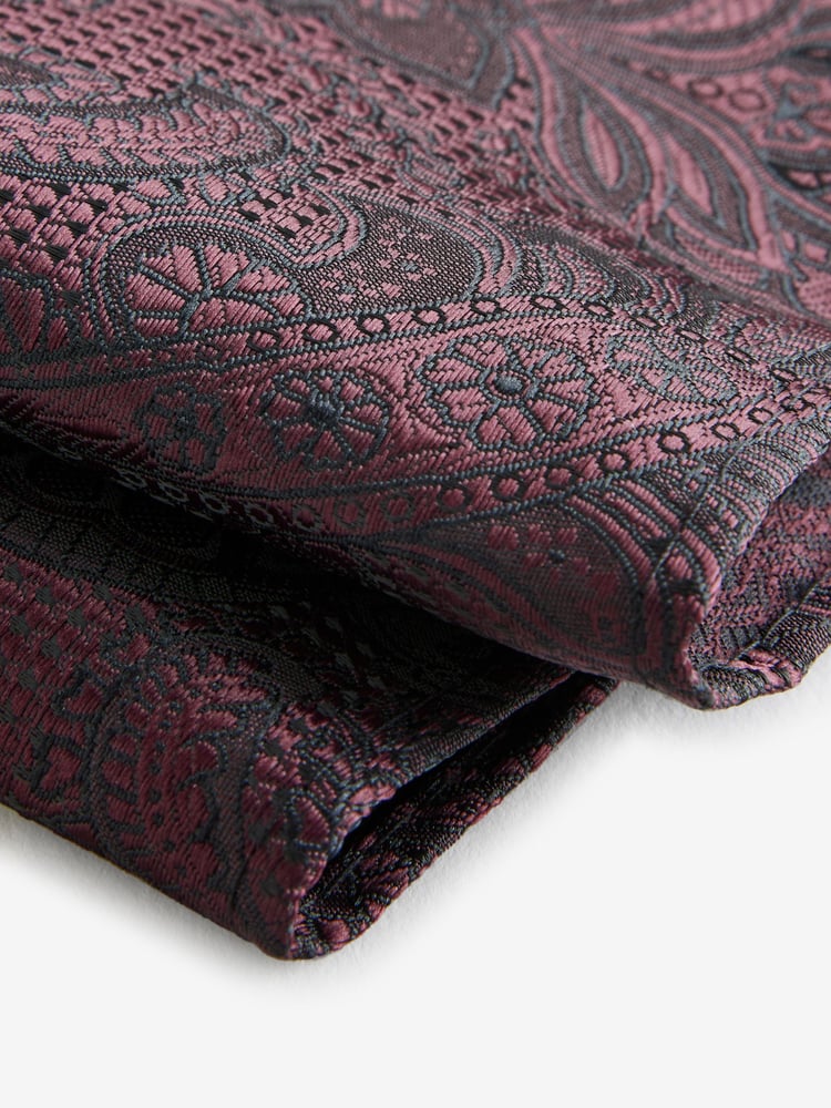 Burgundy Red Textured Paisley Tie, Pocket Square And Pin Set - Image 6 of 6