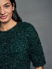Dark Green Sparkle Tinsel Short Sleeve Knitted T-Shirt Jumper - Image 4 of 7
