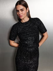 Black Sparkle Tinsel Short Sleeve Knitted T-Shirt Jumper - Image 4 of 8