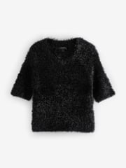 Black Sparkle Tinsel Short Sleeve Knitted T-Shirt Jumper - Image 6 of 8