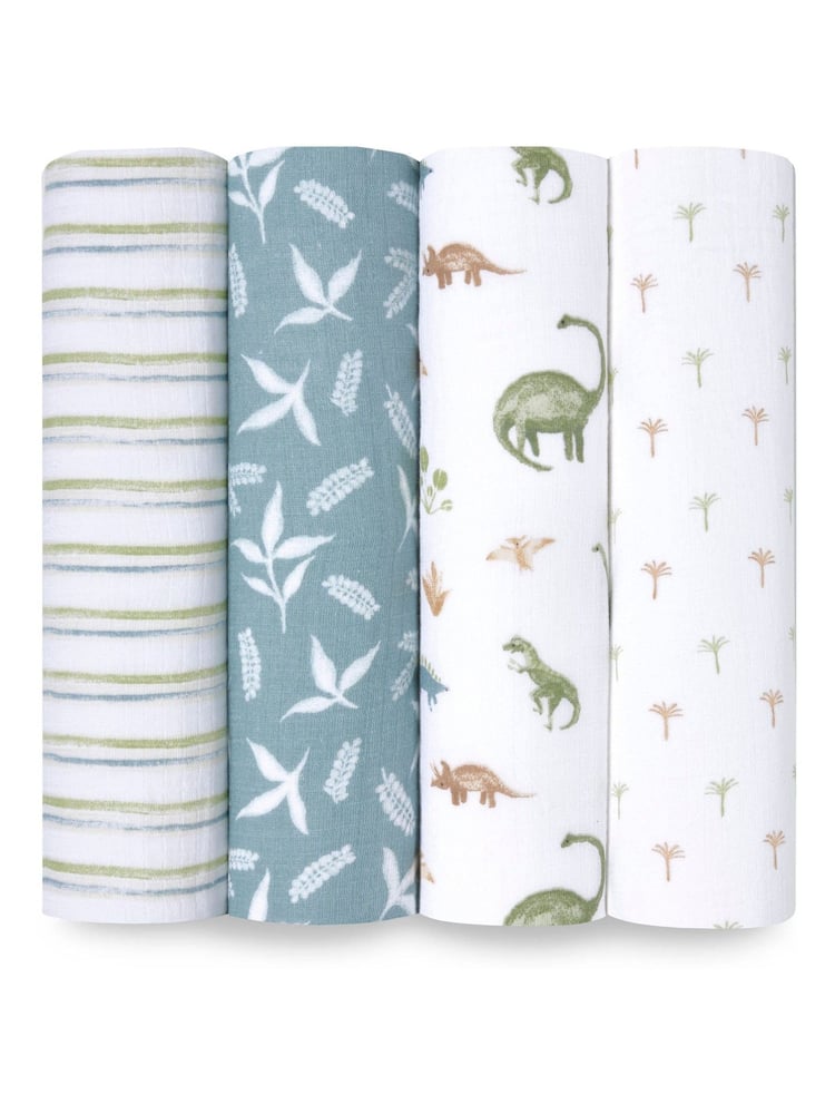 aden + anais Green Essentials 100% Cotton Blanket Dino Jungle Muslins 4 Pack - Image 1 of 8