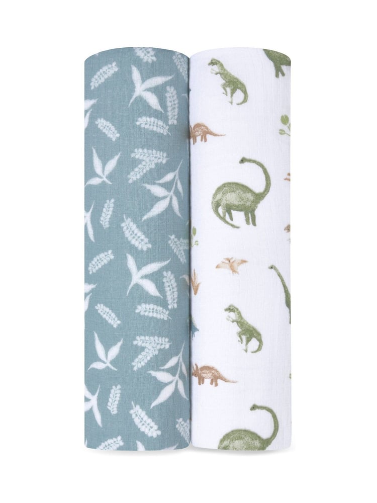 aden + anais Green Essentials 100% Cotton Blanket Dino Jungle Muslins 2 Pack - Image 1 of 2