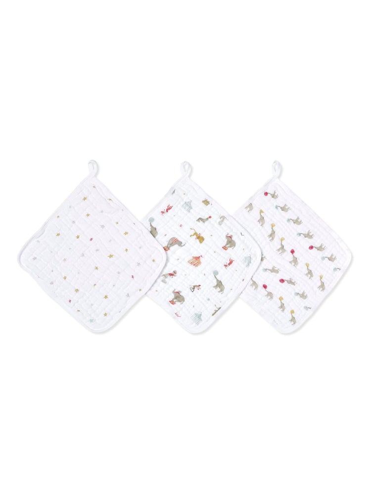 aden + anais White Essentials 100% Cotton Muslin Elephant Circus Washcloth 3 Pack - Image 1 of 3