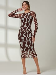 Jolie Moi Light Brown Gionna Mesh Long Sleeve Midaxi Dress - Image 1 of 6