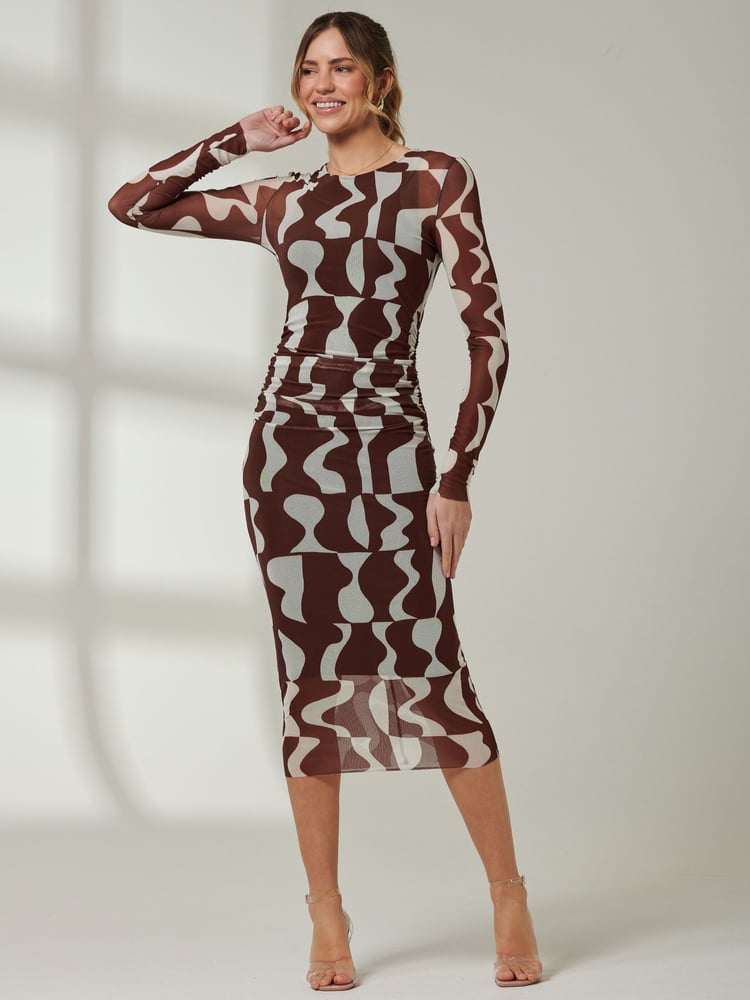 Jolie Moi Light Brown Gionna Mesh Long Sleeve Midaxi Dress - Image 1 of 6 Jolie Moi Light Brown Gionna Mesh Long Sleeve Midaxi Dress - Image 1 of 6