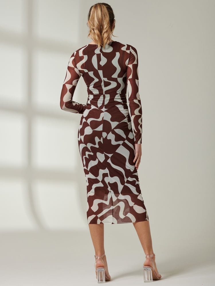 Jolie Moi Light Brown Gionna Mesh Long Sleeve Midaxi Dress - Image 2 of 6 Jolie Moi Light Brown Gionna Mesh Long Sleeve Midaxi Dress - Image 2 of 6