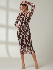 Jolie Moi Light Brown Gionna Mesh Long Sleeve Midaxi Dress - Image 4 of 6