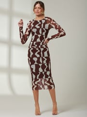 Jolie Moi Light Brown Gionna Mesh Long Sleeve Midaxi Dress - Image 5 of 6