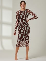 Jolie Moi Light Brown Gionna Mesh Long Sleeve Midaxi Dress - Image 6 of 6