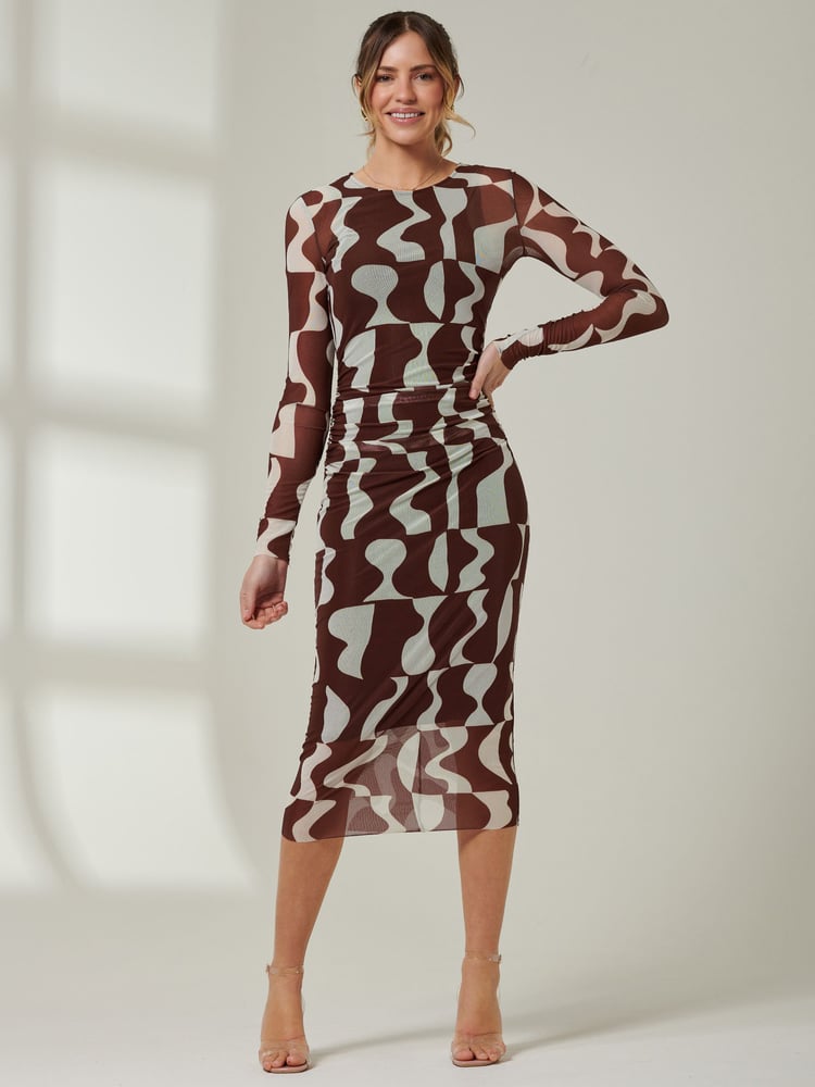 Jolie Moi Light Brown Gionna Mesh Long Sleeve Midaxi Dress - Image 6 of 6 Jolie Moi Light Brown Gionna Mesh Long Sleeve Midaxi Dress - Image 6 of 6