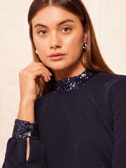 Friends Like These Navy Blue Jersey HIgh Neck Blouse with Sequin Detail - Image 1 of 4