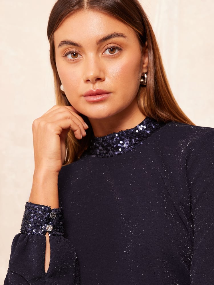 Friends Like These Navy Blue Jersey HIgh Neck Blouse with Sequin Detail - Image 1 of 4
