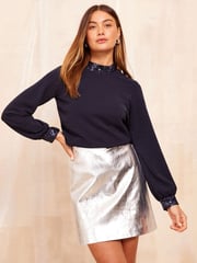 Friends Like These Navy Blue Jersey HIgh Neck Blouse with Sequin Detail - Image 3 of 4