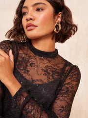 Friends Like These Black Long Sleeve High Neck Lace Sequin Top - Image 3 of 4