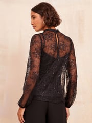 Friends Like These Black Long Sleeve High Neck Lace Sequin Top - Image 4 of 4