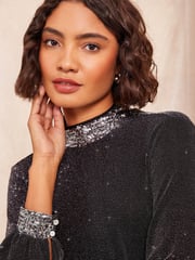 Friends Like These Black Jersey HIgh Neck Blouse with Sequin Detail - Image 1 of 4