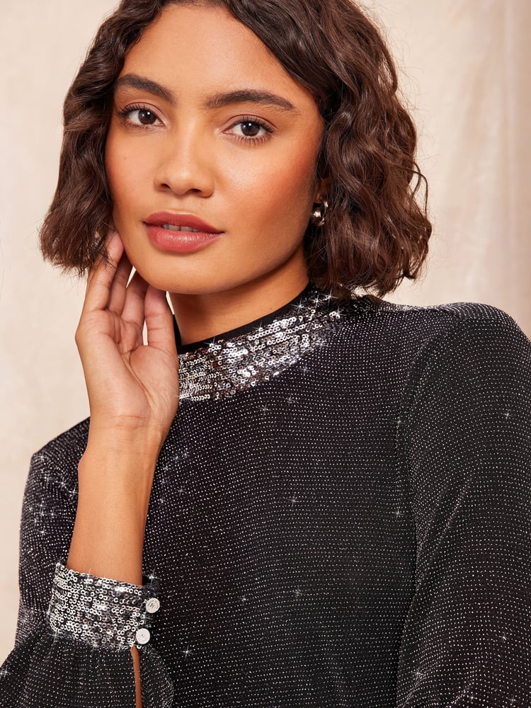 Friends Like These Black Jersey HIgh Neck Blouse with Sequin Detail - Image 1 of 4