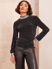 Friends Like These Black Jersey HIgh Neck Blouse with Sequin Detail - Image 2 of 4